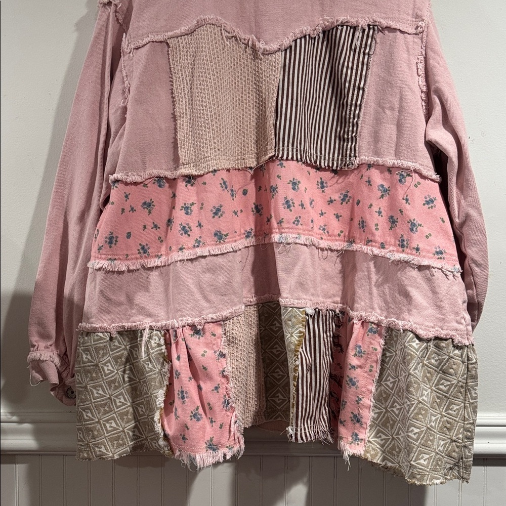 POL Pink jacket Patchwork boho raw hem floral denim jean button up boutique - Picture 5 of 7